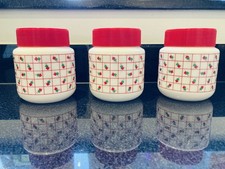 Vintage Red & Green Milk  Glass Tea, Coffee & Sugar Canisters Vgc