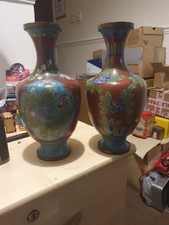 2x Antique Japanese Brass Cloisonne Vases Floral.9.25 Inch In High.