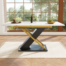 Extendable Dining Table, 6-8 Seater Table with Marble-Effect Top and Metal Base