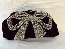 Monsoon Velvet Clutch Bag With Jewel Bow Embellishment - Burgundy New With Tags