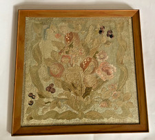 Beautiful vintage framed antique floral flower embroidery needlework picture