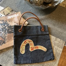 Evisu Vintage Small Denim & Oriental Fabric Handbag With Leather Trim