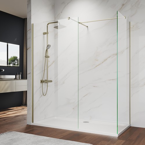 Brushed gold walk shower - brushed, in