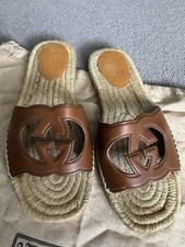 Gucci GG Tan Leather Beige Canvas Sandals Sliders Flip Flops Mens UK 9