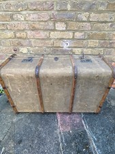ANTIQUE CANVAS WOOD BANDED STEAMER or CABIN TRUNK SUITCASE