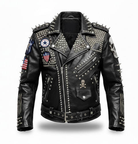 Men studded leather jacket - studded,