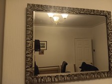 Ornate Wall Mirror Detailed Carvings Surrounding Beveled Mirror, Distressed Look