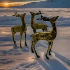 3 x VINTAGE SOLID BRASS STAG DEER REINDEER SET ORNAMENT CHRISTMAS DISPLAY 