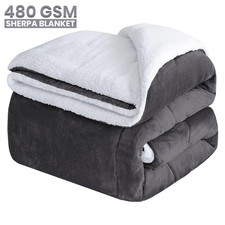 Heavy Sherpa Fleece Blanket 480 GSM Thick Warm Bed Sofa Throw Grey Blankets UK