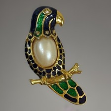 Enamel Parrot Brooch Vintage Blue & Green Faux Pearl Bird Rhinestone Eye