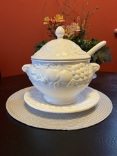 Vintage St Michael’s M&S White Fruit Patterned Soup Tureen, Lid,  Plate & Ladle