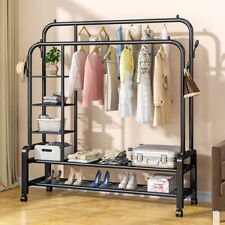 Heavy Duty Double Layer&Rod Clothes Rail with Side Storage Net Garment UK