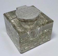 Antique Silver Lidded Crystal Inkwell (Inscribed) – Hallmarked 1908 (695g)
