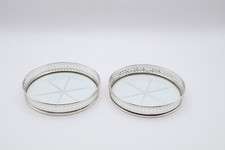 Vintage Pair of Sterling Silver Mounted Glass Drink Coasters Stamped Sterling