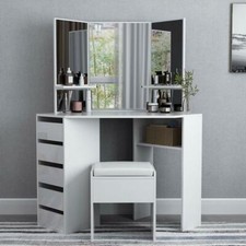 Corner Dressing Table 3 Mirror 5 Drawers Desk Set & Small Stool Black White Grey