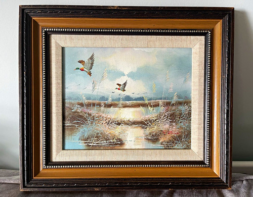 Vintage framed signed canvas - framed,
