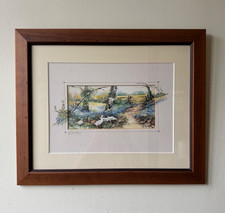 Lovely Framed watercolour print ducks in a meadow  with bluebells by Glenda Rae