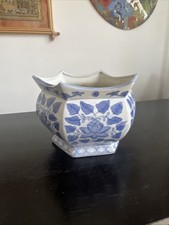 Vintage Oriental Planter Plant Pot Unusual Hexagon Ceramic Chinese Hand Painted