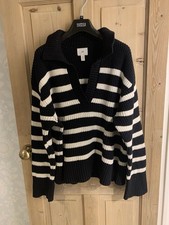 H&M Chunky Knit Black & White Striped Collared Jumper Size M Excellent Condition