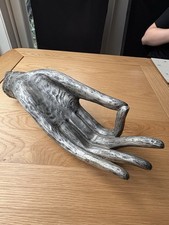 Hand carved wooden Buddha hand sculpture 40 cm silver finish oriental art