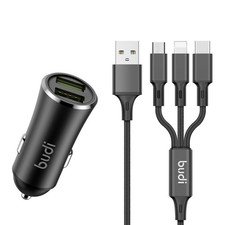 Dual Port Car Charger With 3 In 1 Cables For iPhone / Micro / Type C Fast Charge