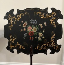Antique Pair English Hand Held Face Fire Screen Floral Hand Painting Victorian