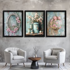 Shabby Chic Set Of 3 Prints Duck Egg Wall Art Vintage Poster Art Pastel Colours