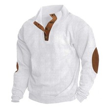 Mens Corduroy Jumper Pullover Ribbed Stand Collar Sweater Elbow Patch UK