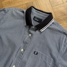 Fred Perry Short Sleeve Flat Knit Collar Gingham Shirt Blue White Size Large Mod