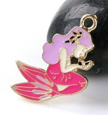 5 GOLD PLATED PINK ENAMEL MERMAID CHARM/PENDANTS 28mm Bracelet~Necklace (76B) UK