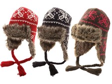 Adults Trapper Peru Hat Faux Fur Trim Fairisle Winter Warm  Cosy Tie Up Earflaps