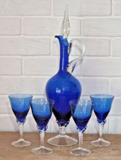 SET OF 4 MCM EMPOLI BLUE TWIST STEM WINE GLASSES & GENIE CLARET JUG DECANTER 19"