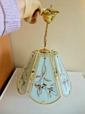 3 VINTAGE 1990s PENDANT CEILING LIGHT FITTINGS-3 BULB-6 GLASS PANELS METAL FRAME