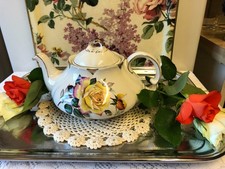 Vintage Ellgreave Woods &Son Ironstone Large Tea Pot Rose Motif/Gold Accent/VGC