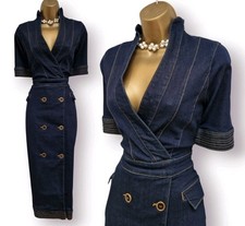 Karen Millen UK 10 Stretch Denim Plunge Neck Buttoned Skirt Pencil Wiggle Dress