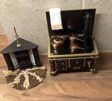 Schopper German Dolls House Stove + Copper Pans + Fireplace + Rag Rug 1/2 Scale