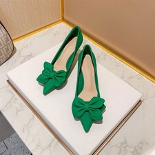 Womens Slip On High Kitten Heel Bow Pointed Toe Faux Leather Mid-Heel Pump Shoes