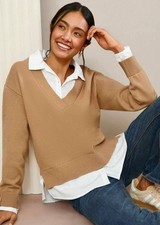 Camel Knit Oversized Pullover Mock Shirt Hem Collared Jumper | Primark | Small