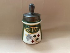 Vintage antique ceramic makeup up pot with metal lid & attached brush