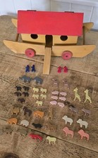 Vintage 1960's Wooden Noah's Ark Set + 44 Animals. Unknown Toy Maker Poss German