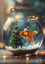 GOLDFISH CHRISTMAS CARD WITH A FISH WEARING A XMAS HAT IN A GOLDFISH BOWL