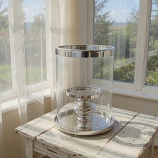 Silver Chrome  Hurricane Lamp Metal & Glass Ring Candle Holder Wedding Table