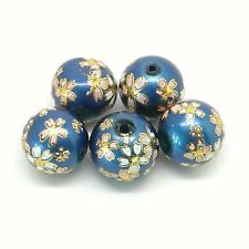 Japanese Tensha Glass 5pcs Beads 12mm - Blue with Cherry Blossom Decoration Feat