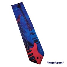Ralph Marlin Mens Neck Tie GUITARS Blue Polyester Vintage 1994 USA Made 58" 