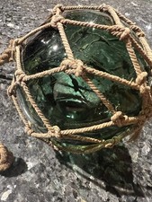Vintage Glass Fishing Net Float In Rope Work Basket Green Glass .