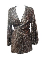 Asos Silver Sequin Plunge V Neck Wrap Mini Dress Balloon Sleeve - Size 12