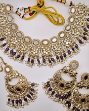 Chokker With Beautiful Earrings And Tika With Mirror And Pearls/Purple With Gold
