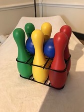 Six Red Yellow & Green Indoor Outdoor Bowling Skittles & Two Blue Balls Set