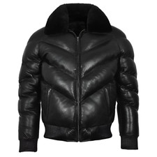 Mens Black Leather Puffer
