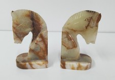 Pair of Vintage Horse Head Bookend Carved Marble/ Onyx Stone Book Ends 13cm Tall